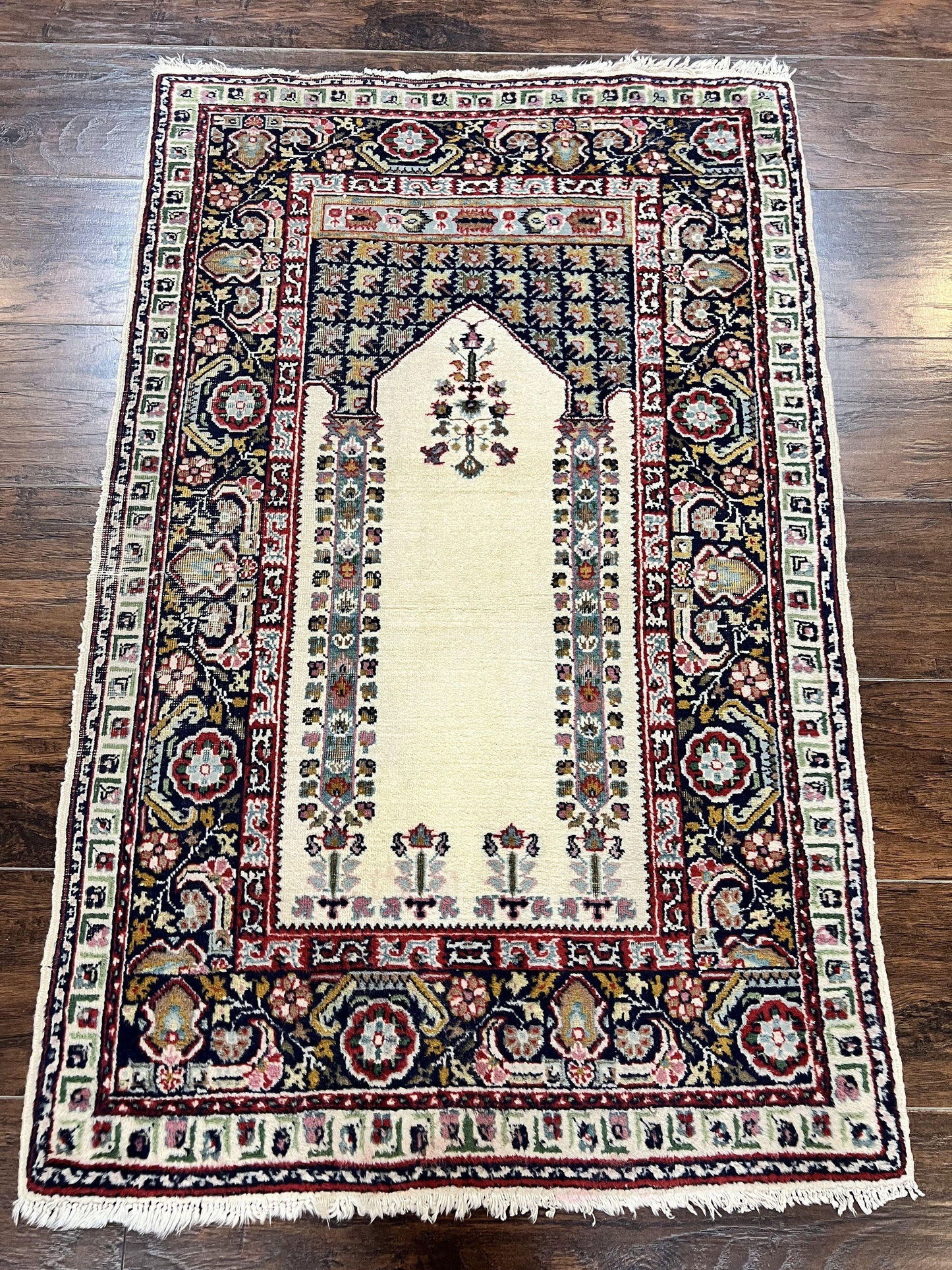 Turkish Prayer Rug Two Point Five By Four Vintage Wool Hand Knotted Ivory Carpet