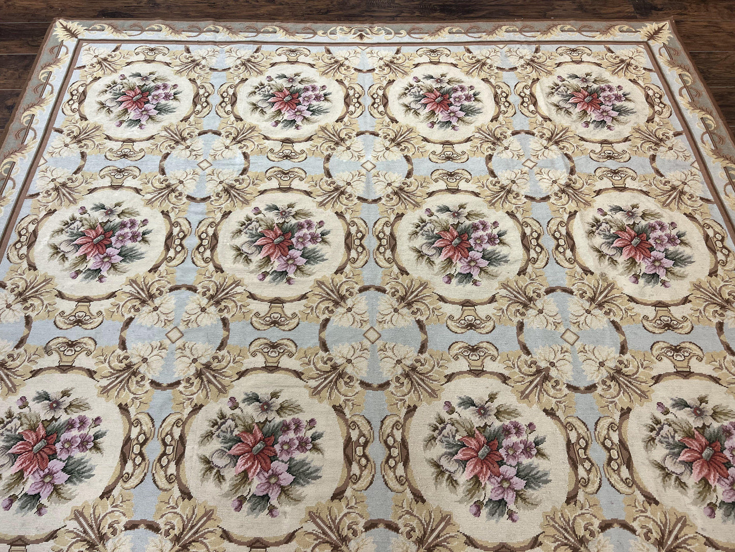 Needlepoint Wool Rug 8x11 Vintage Sky Blue Handmade Carpet