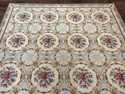 Needlepoint Wool Rug 8x11 Vintage Sky Blue Handmade Carpet