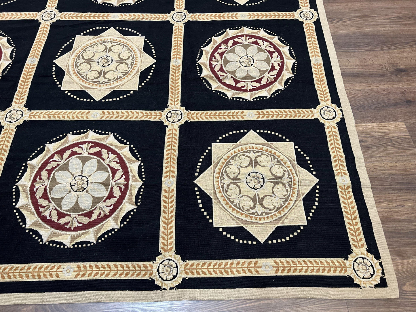 Large Needlepoint Rug 10x13, Panel Design, Black and Beige, Wool Needlepoint Carpet 10 x 13, English Garden, Handwoven Area Rug, Living Room