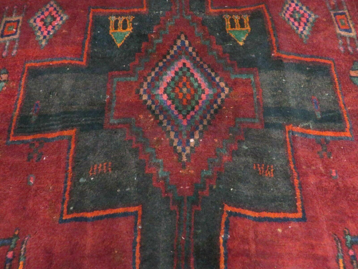 Antique Handmade Wool Rug India Geometric Oriental Vegetable Dyes 4x8 Vintage