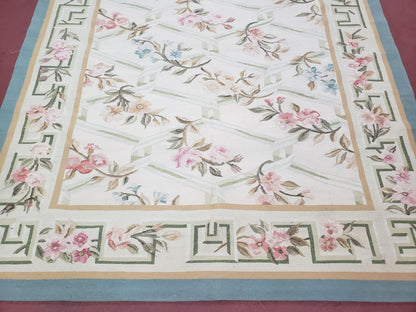 Vintage Aubusson Area Rug, Aubusson Flat weave Carpet, Floral Geometric Pattern, Beige Teal Green, 4x6 Rug, European Design