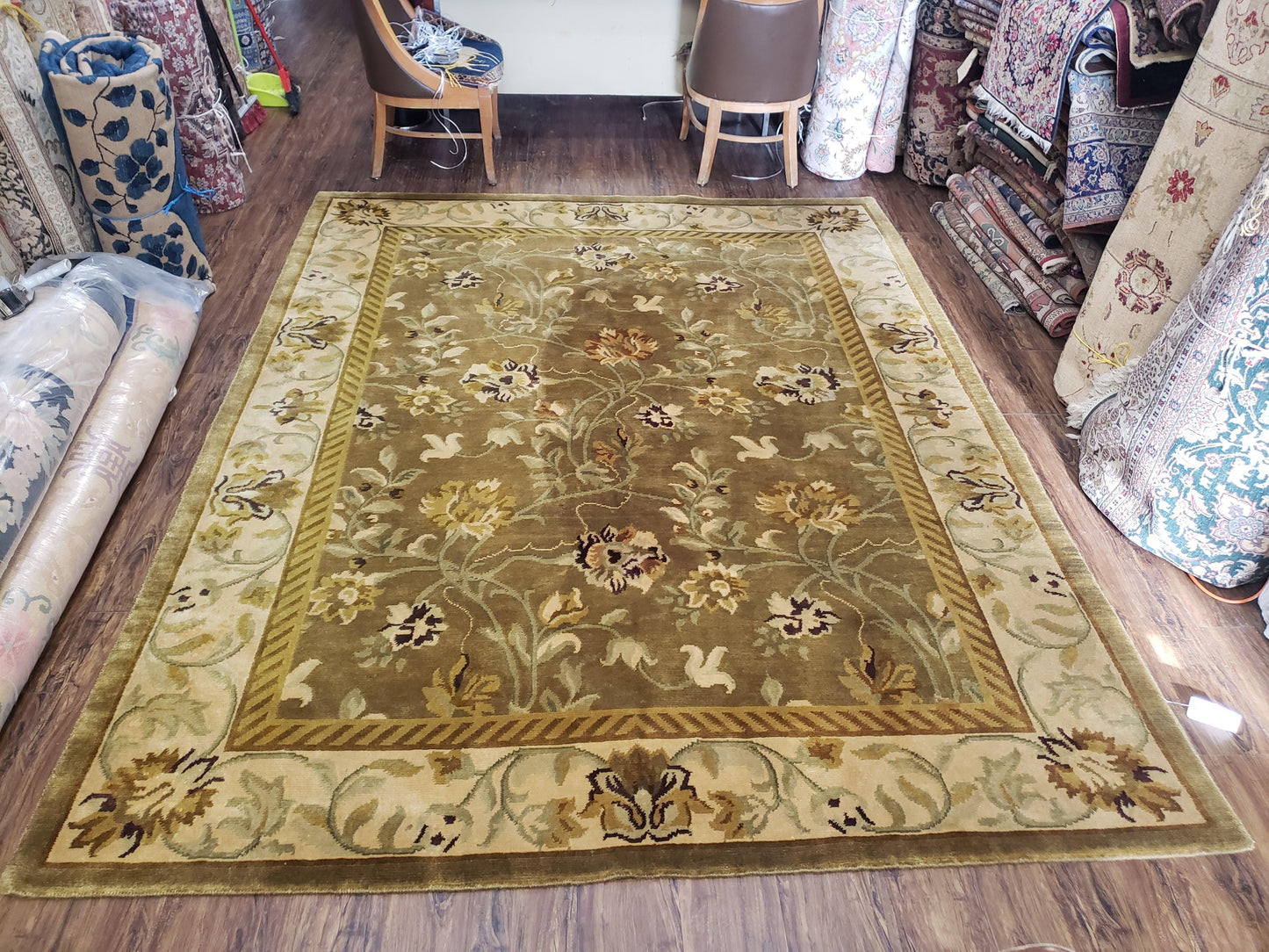 Premium Tibetan Wool Rug 8x10 Hand Knotted Green Beige Floral Area Rug