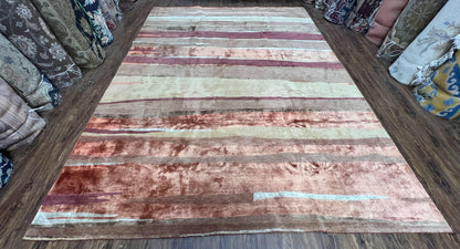 Modern Tibetan Rug 8x11 Nepali Carpet, Shiny Velvely Soft Wool and Silk, Contemporary Hand Knotted Rug, Striped Design, Wool Area Rug 8 x 11