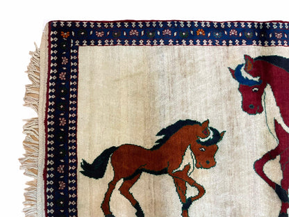 Handmade Wool Pictorial Horse Rug Hand Knotted 3.5 By 5 Brown