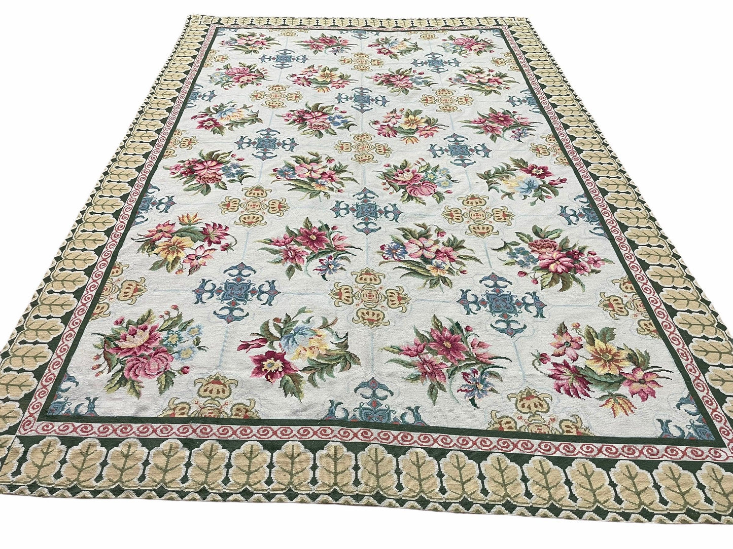 Hand-Knotted Needlepoint Carpet 6x9, Ivory/Cream Background, Colorful Flowers, Yellow Border, Aubusson Rug 6 x 9, New, Handmade