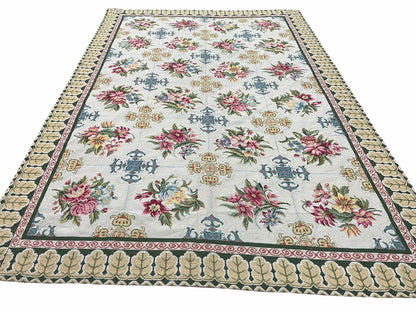 Hand-Knotted Needlepoint Carpet 6x9, Ivory/Cream Background, Colorful Flowers, Yellow Border, Aubusson Rug 6 x 9, New, Handmade