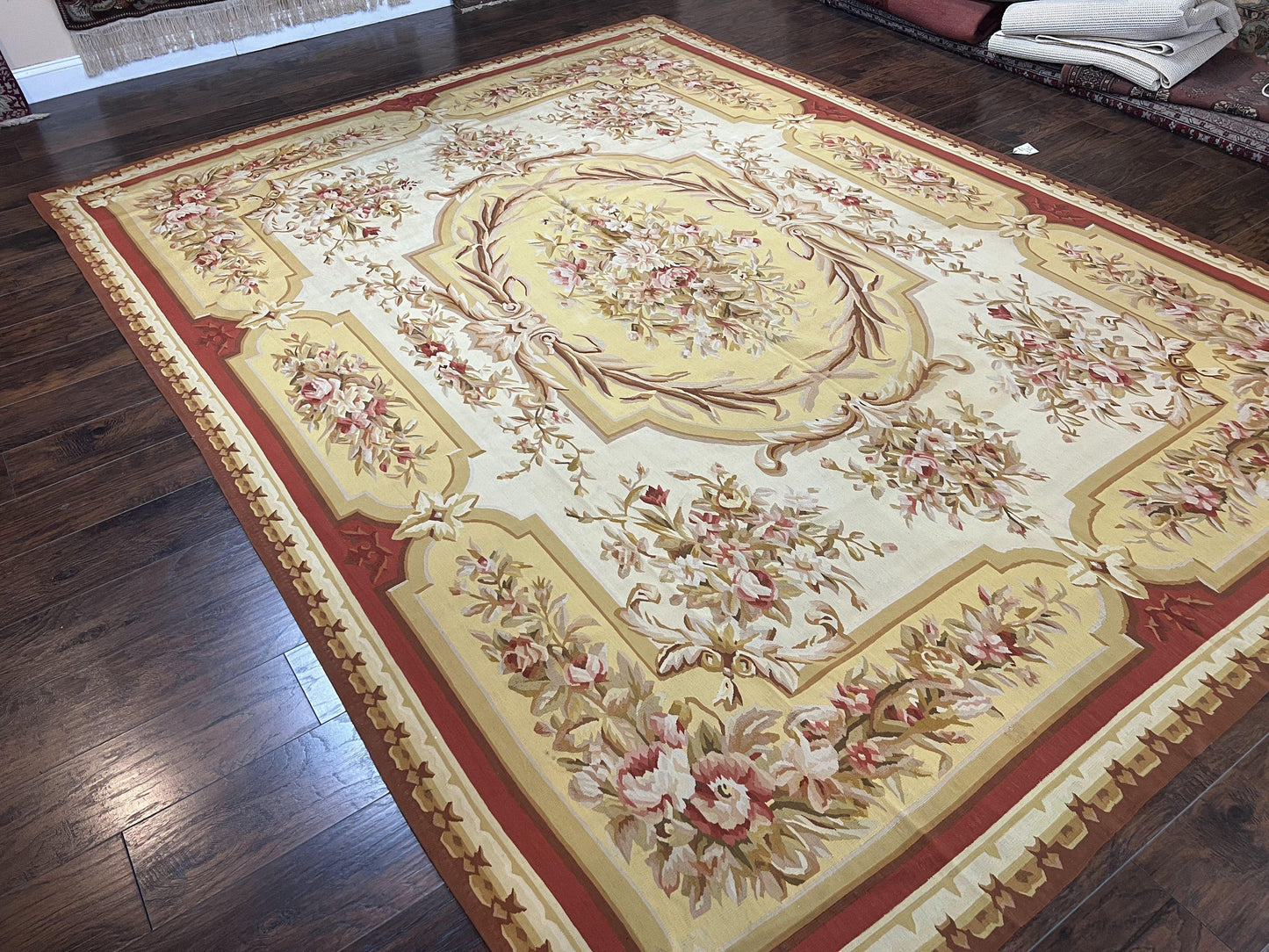 Aubusson Rug 9x12 Handmade Wool Flatweave Savonnerie Carpet Ivory and Red