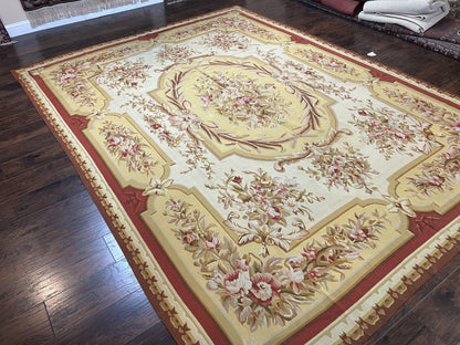 Aubusson Rug 9x12 Handmade Wool Flatweave Savonnerie Carpet Ivory and Red