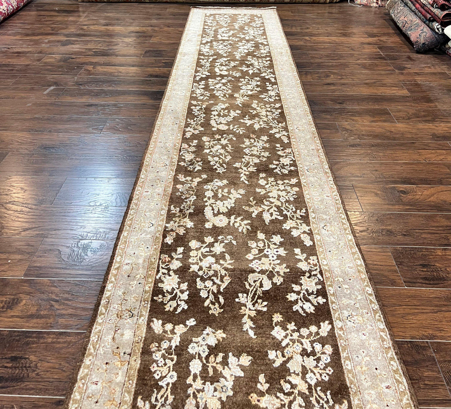 Peshawar Runner Rug 3 x 20, Wool Hand Knotted Vintage Pakistani Carpet, Brown & Taupe, Chobi Mahal Floral Rug, Extra Long Hallway Runner