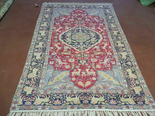 Silk Turkish Kayseri Rug Antique Hand Knotted Lions Deer Floral Medallion 4.5x6.7 Oriental Carpet