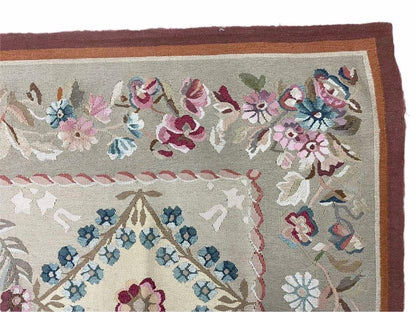 Needlepoint Carpet 9x13 Hand Knotted Beige Floral French European Style