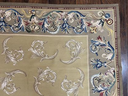 Vintage Aubusson Flatweave Area Rug 9x12, Aubusson Weave, Wool, Beige, Handmade, French European Design, 8'9" x 11'9"