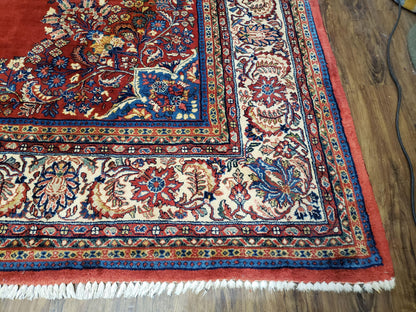 Semi Antique Persian Sarouk Rug 9x12 Hand Knotted Wool With Central Medallion Tomato Red