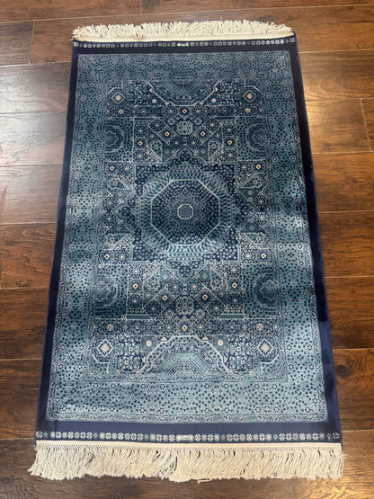 Blue Hereke Turkish Silk Rug Mamluk Bamboo Silk 2.6 By 4 Feet