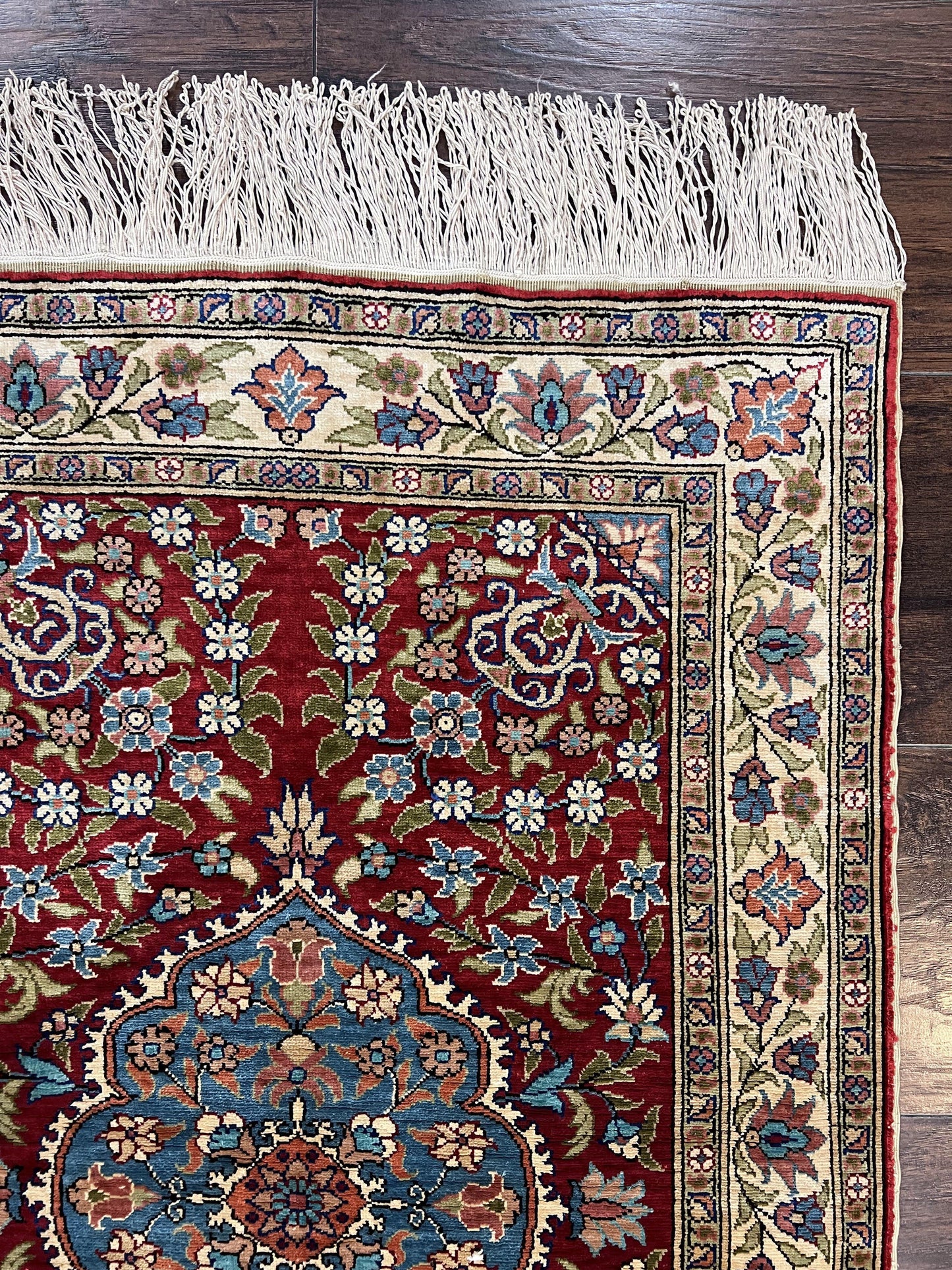 Silk Turkish Kayseri Rug 2x3, Small All Silk Turkish Carpet, Red and Light Blue, Very Fine Hand Knotted Semi Antique Vintage Handmade Rug