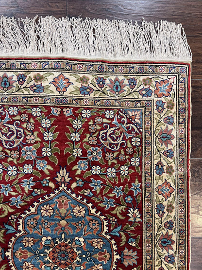 Silk Turkish Kayseri Rug 2x3, Small All Silk Turkish Carpet, Red and Light Blue, Very Fine Hand Knotted Semi Antique Vintage Handmade Rug