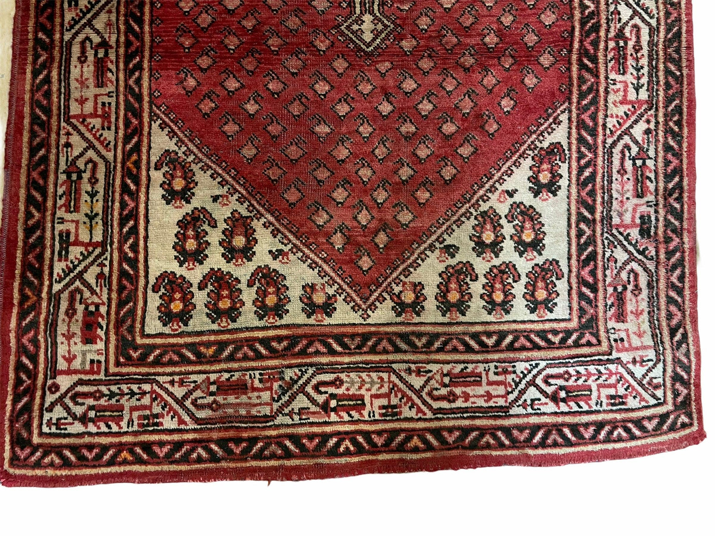 Antique Handmade Wool Rug Paisley Boteh Design Tribal Area Rug Red Ivory