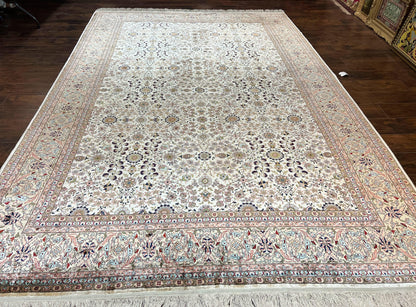 Hereke Silk Rug Vintage 8x12 Handmade Ivory Cream Floral Pattern Pile