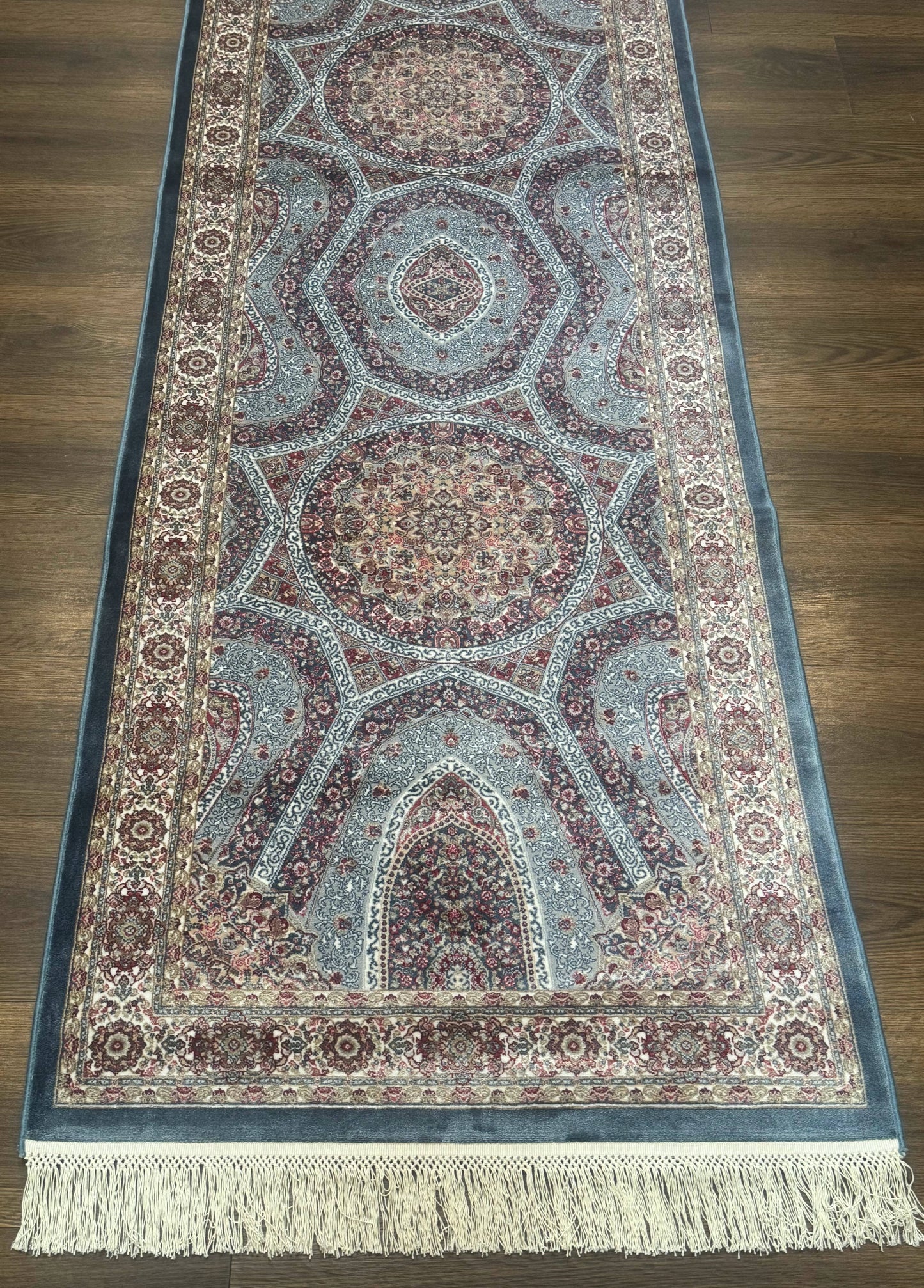 Turkish Silk Runner Rug 2.6 x 10, Light Blue Carpet, Bamboo Silk, New