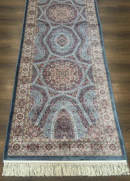 Turkish Silk Runner Rug 2.6 x 10, Light Blue Carpet, Bamboo Silk, New
