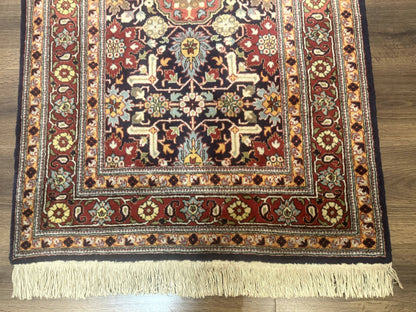 Turkish Hereke Rug 3x5 Hand Knotted Wool Vintage Navy Blue Red 210 KPSI