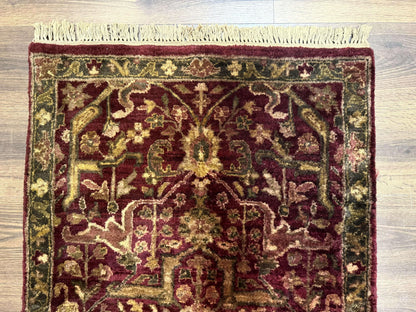 Indo Persian Runner Rug 2.7 x 13.8, Maroon, Wool, Handmade Indian Rug for Hallway