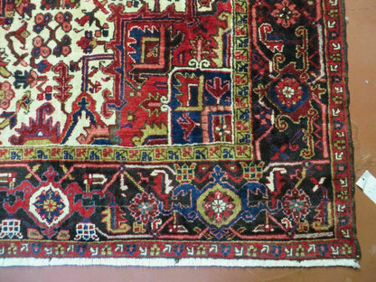 Persian Heriz Rug Hand Knotted Wool Red Ivory Dark Blue 8 Foot 6 Inch By 11 Foot Geometric Medallion Semi Antique