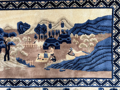 Chinese Pictorial Rug Antique Handmade 2.7x5 Village and Hills Beige Blue Wall Hanging Tapestry