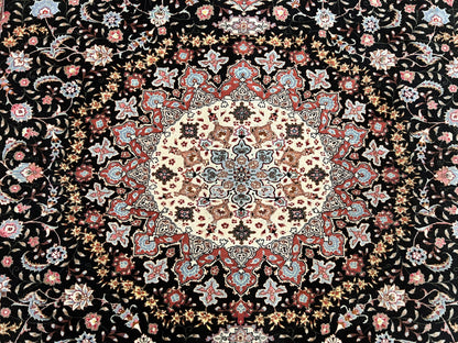 Marvelous Persian Tabriz Rug 7x10 ft, Super Fine 50 Raj, 300+ KPSI, Black and Rust Red, Floral Medallion Handmade Wool Oriental Carpet, Top Quality