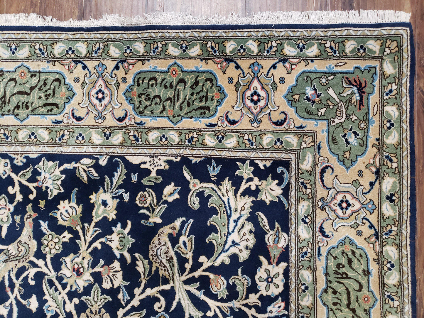 Persian Qum Tree Of Life Rug Hand Knotted Wool Midnight Blue And Tan With Poem Borders 4ft 8in By 7ft 8in