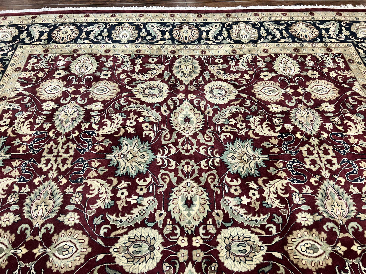 Indo Persian Rug 10x14, Floral Allover, Maroon, Handmade Hand Knotted VIntage Wool Rug, Large Oriental Carpet