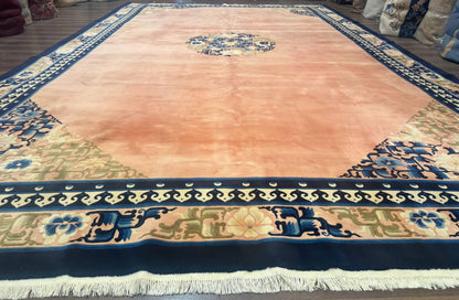 Chinese Wool Rug 11X18 Peking Style Open Field Peach and Blue Art Deco Handmade Carpet