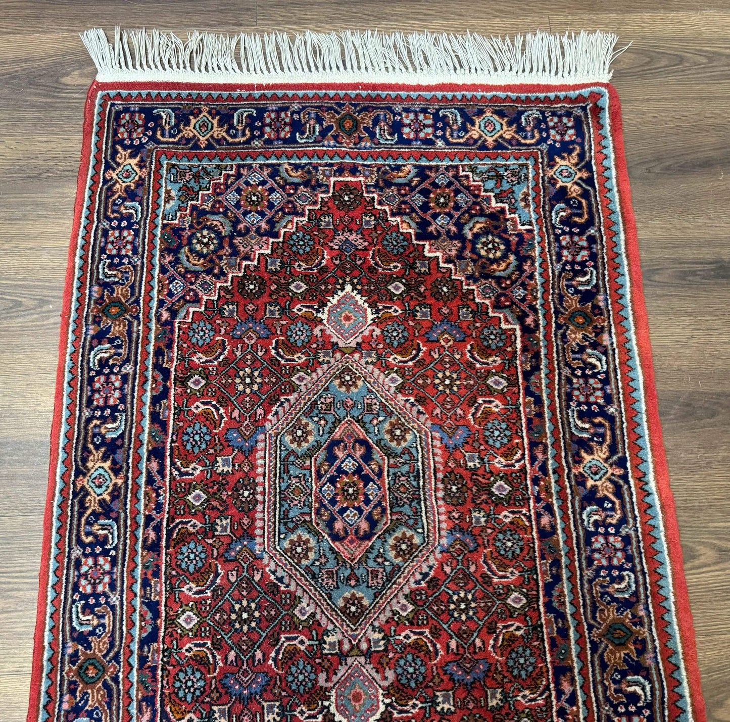 Indo Persian Bidjar Runner Rug 3 x 18.6, Red Navy Blue, Long Runner, Wool Oriental Carpet
