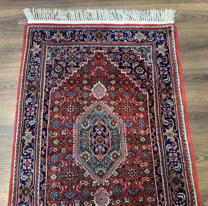 Indo Persian Bidjar Runner Rug 3 x 18.6, Red Navy Blue, Long Runner, Wool Oriental Carpet