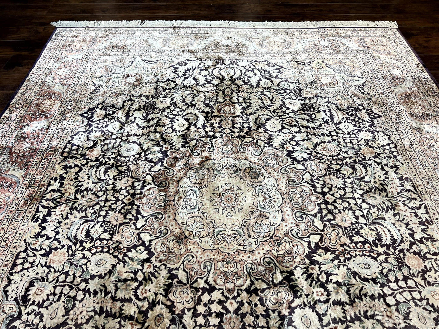 Silk Kashmiri Rug 8x10 Floral Medallion Handmade Indo Persian Vintage Silk Rug