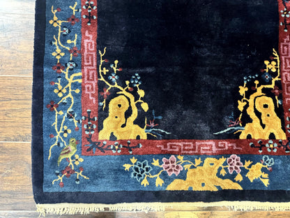 Antique Peking Rug 3x6 Handmade Wool Bird Motif Blue Chinese Legacy Carpet