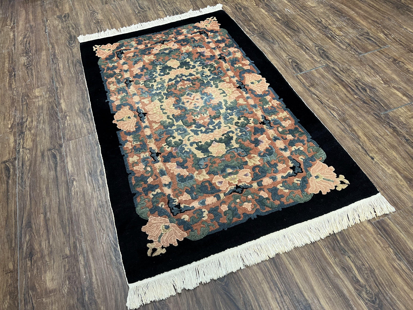Art Deco Rug Chinese Handmade Wool 3x5 Vintage Floral Black Beige Carpet