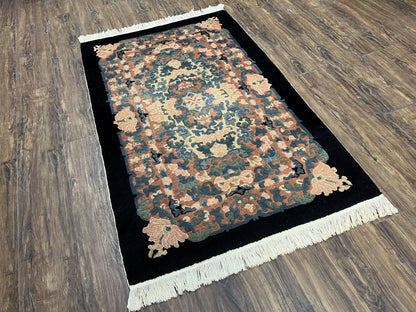 Art Deco Rug Chinese Handmade Wool 3x5 Vintage Floral Black Beige Carpet