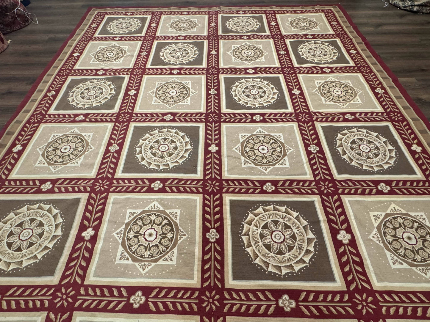 Needlepoint Rug 9x12, Panel Design, Burgundy Taupe, Elegant