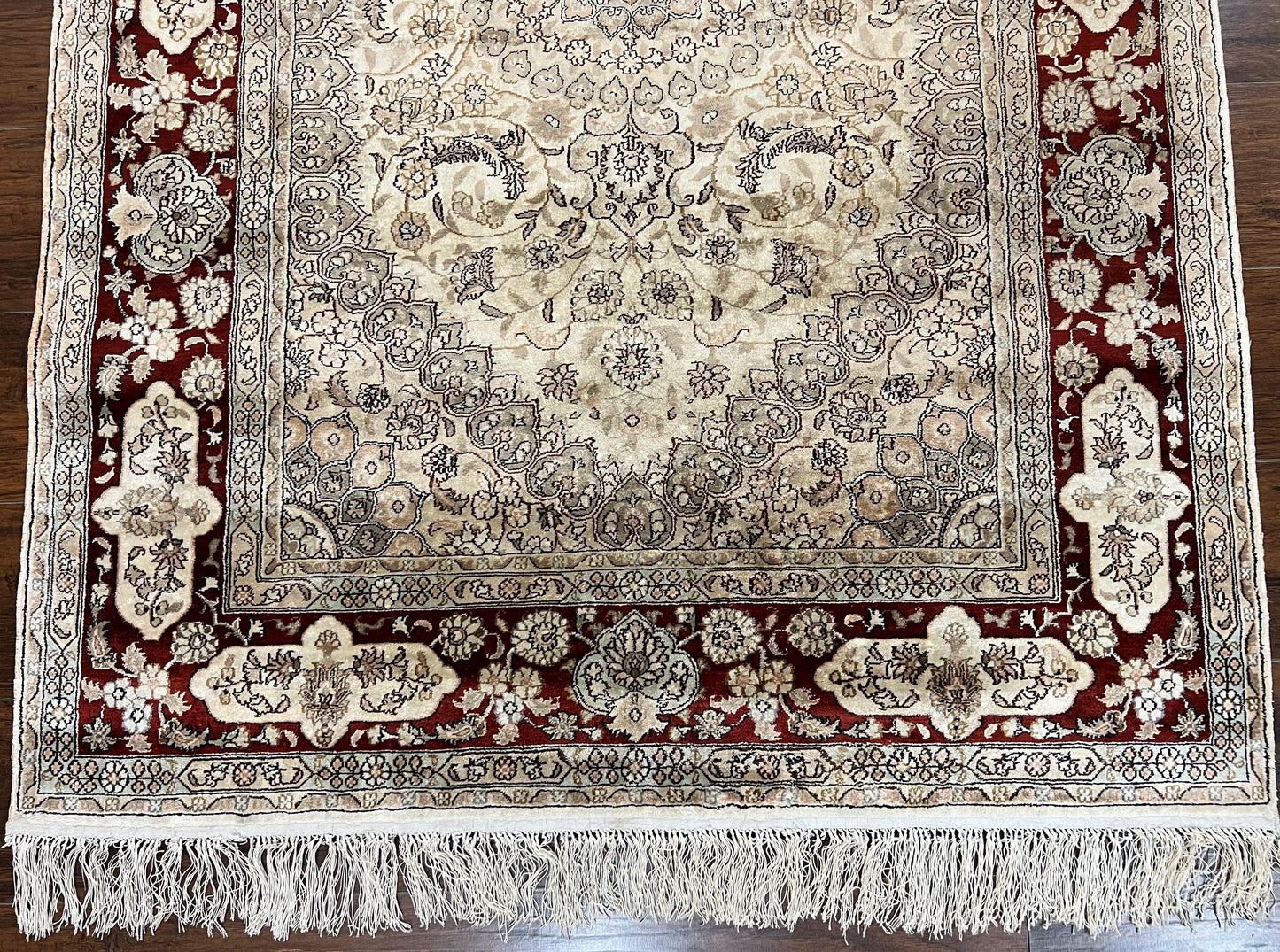 Silk Indian Kashmiri Rug 4x6 ft, Floral Medallion Hand Knotted Handmade Oriental Carpet, Vintage, Cream Burgundy, Very Fine Silk Rug 4 x 6