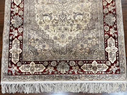 Silk Indian Kashmiri Rug 4x6 ft, Floral Medallion Hand Knotted Handmade Oriental Carpet, Vintage, Cream Burgundy, Very Fine Silk Rug 4 x 6
