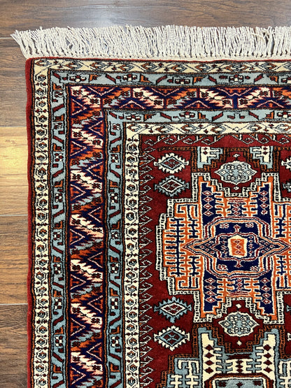 Kazak Rug Vintage Handmade Wool 3x5 Ft Pakistani Geometric Dark Red Oriental Carpet