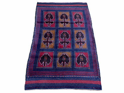 Balouchi Afghan Rug Vintage Handmade Tribal Wool 3x5 Blue Red