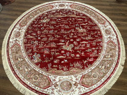 Turkish Silk Rug 8x8 Round Hunting Scene Bamboo Silk Dark Red Ivory
