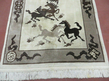 Hand Knotted Wool Rug 4x6 Tibetan Nepal Art Deco Horse Design Vintage 1980s