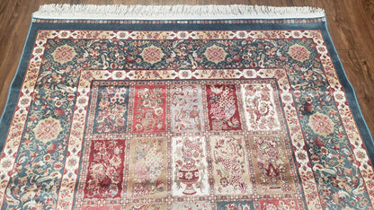 Silk Carpet 4x6 Blue, Panel Design, Four Seasons Pattern, Super Fine & Soft, Bamboo Silk, 4 x 6 Oriental Area Rug, High Quality, New Rug