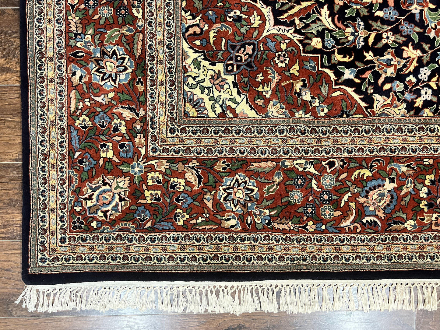 Indo Persian Rug 8x10 Floral Medallion Vintage Handmade Wool Carpet Navy Blue Red 300 KPSI