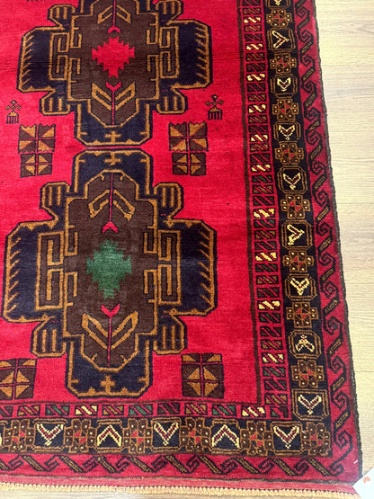 Afghan Balouch Rug Red 4x7 Handmade Wool Area Carpet Triple Medallions
