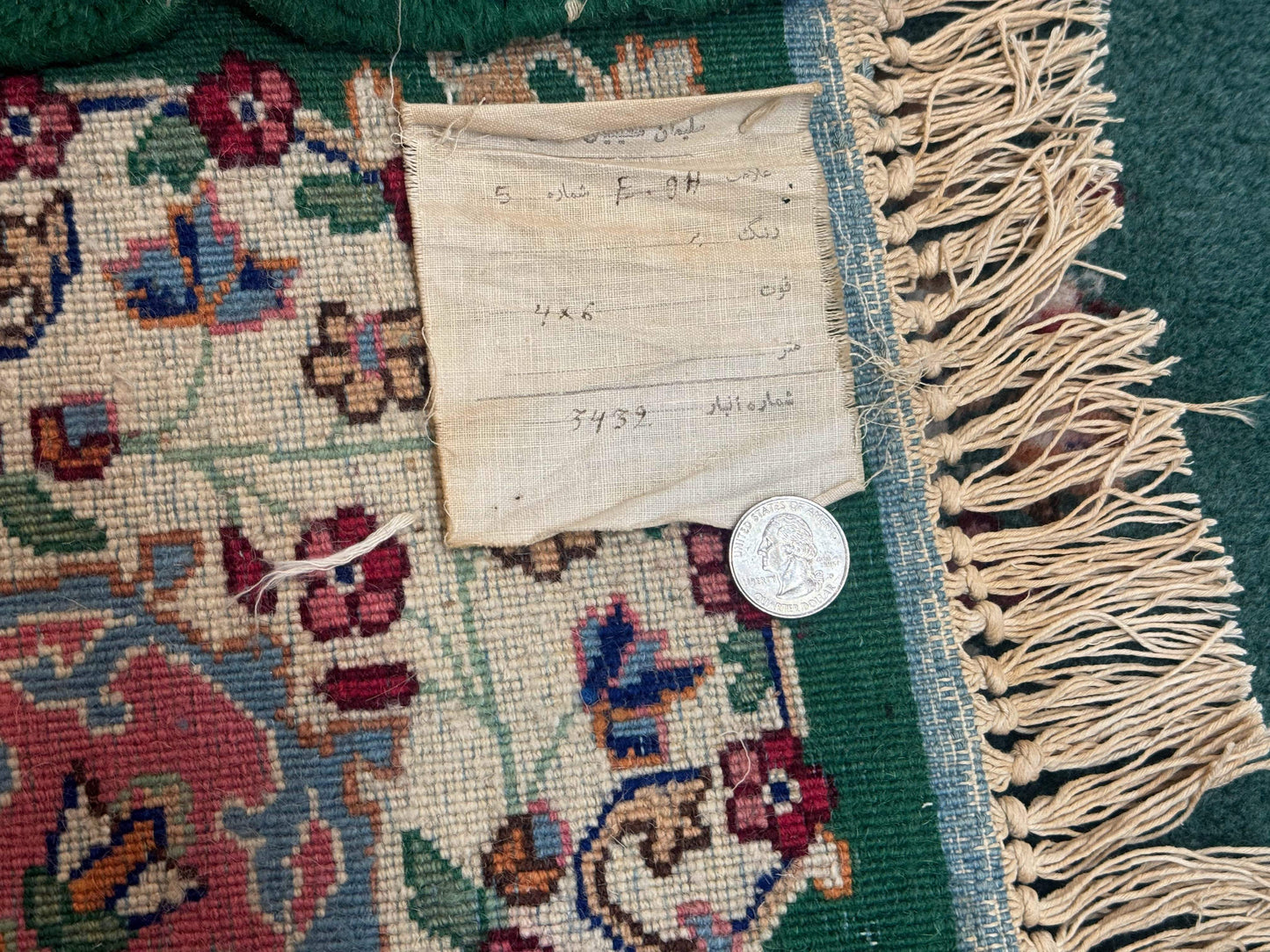 Persian Kerman Rug 4x6 Vintage Wool Green Ivory Pink Medallion Semi Open Field